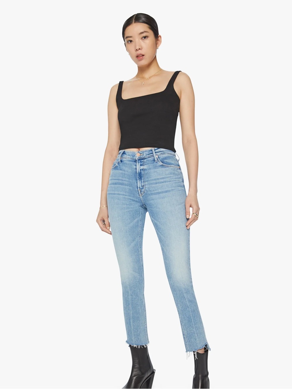 Mother The Mid Rise Dazzler Ankle Step Fray Straight Leg Jean
